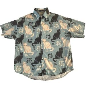 Cat Print Aloha Style Shirt Blue Black & White Cats Kanji Print Size M Short Slv